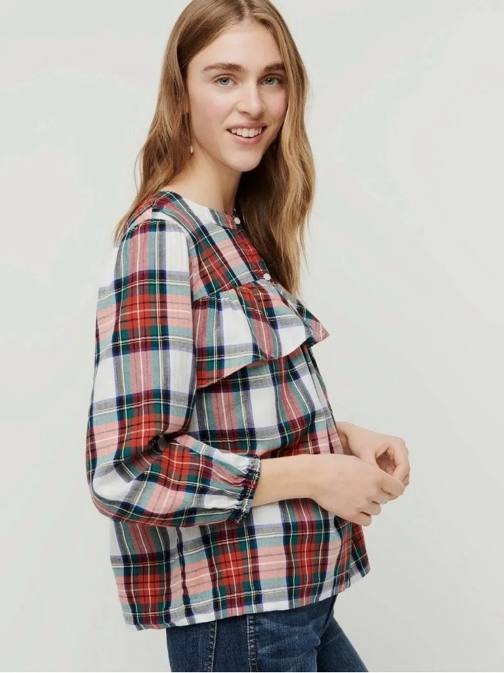 J. CREW Plaid Ruffle Yoke Pullover Top